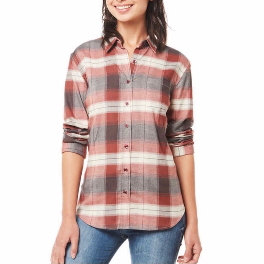 Weatherproof vintage women’s stretch flannel long sleeve shirt ,Brown, Medium